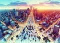 Cena horizontal de uma grande cidade brasileira com movimento, prédios altos e cores vibrantes, destacando o rascunho automático.