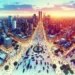 Cena horizontal de uma grande cidade brasileira com movimento, prédios altos e cores vibrantes, destacando o rascunho automático.